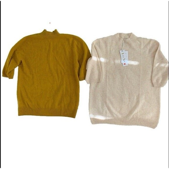 Liny Xin Womens Large Superfine Merino Wool 3/4 Sleeve Sweater Ivory Gold Lot 2 - Picture 1 of 14